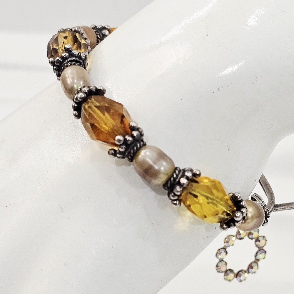 Vintage Sterling Silver Amber Yellow Glass Champagne Pearl Bracelet